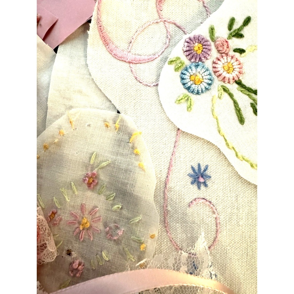 Blue  & Pink Kit 20+ Vintage Embroidered Linens Lace Button Junk Journal vintage